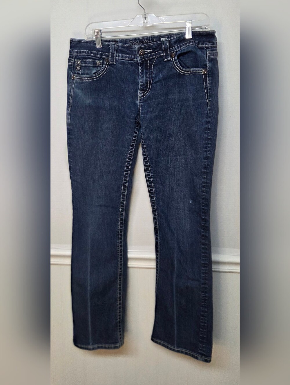 Miss Me Easy Boot Jeans Women's 31 Dark Wash Whiskered Studded JE5685EL. 0250
